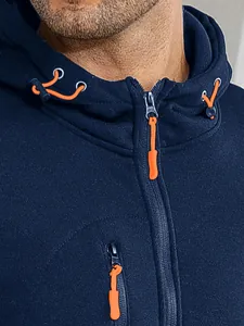 Close-up of navy fleece hoodie with contrasting orange zippers and drawstrings