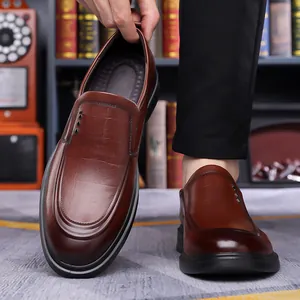 Brown men's business dress shoes with crocodile texture and comfortable soft sole