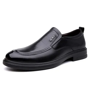 Premium black men's business formal leather slip-on shoes with elegant textured finish