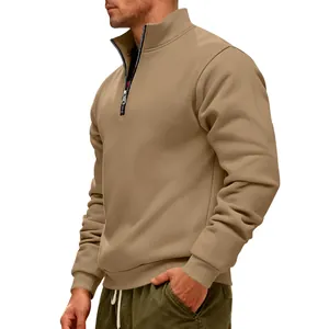 Felpa da uomo pesante in pile con mezza zip e collo alto color kaki per l'inverno
