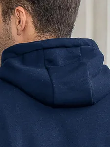 Close-up detail showing the hood structure and navy blue fleece fabric of this men's hoodie