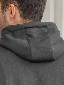 Detailed close-up view of the hood construction on a men's casual grey sports sweatshirt