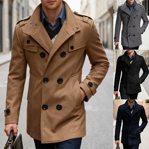 Slim-fit heren wollen overjas met dubbele rij knopen in camel, grijs, zwart en blauw.