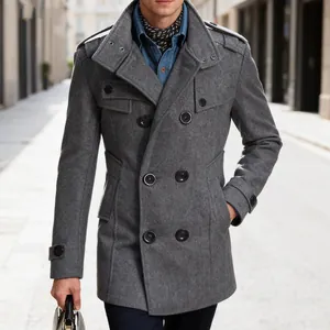 Heren grijze wollen jas met dubbele rij knopen slim fit winterjas straatstijl detail