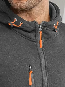Detailed view of gray men's zip-up sports hoodie featuring vibrant orange drawstrings