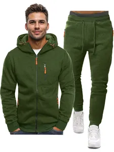 Men's olive green hooded tracksuit set with orange zip detail and slim fit joggers