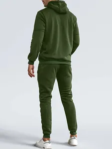 Detailed back view of a men's olive green casual hooded tracksuit set in a studio.