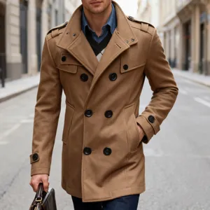 Heren camel wollen overjas met dubbele rij knopen, slim fit halflange stijlvolle winterjas