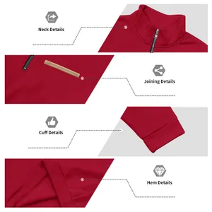 Vues détaillées du sweat rouge : col, fermeture éclair, poignets et coutures de l'ourlet.
