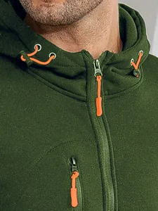 Close-up detail of olive green hoodie featuring bright orange zipper pulls and drawstring