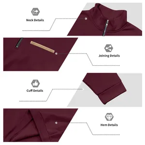 Vues détaillées du col, des coutures, des poignets et de l'ourlet d'un sweat bordeaux pour hommes