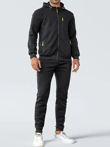 Full body view of men's black casual hooded tracksuit set with neon yellow accents