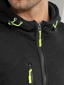 Close-up detail of black men's fleece hoodie with vibrant neon green zipper puller.
