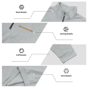 Détails du col, des poignets, de l'ourlet et des coutures d'un sweat gris à fermeture