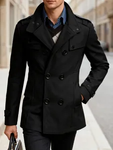 Ανδρικό μάλλινο παλτό slim-fit με διπλό κούμπωμα σε κλασικό μαύρο για το χειμώνα