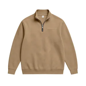 Sweat-shirt lourd pour homme en kaki avec fermeture éclair quart de tour et col montant