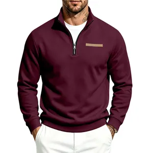 Sweatshirt en polaire bordeaux pour hommes avec col montant et quart de zip style extérieur