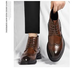 Men's brown leather brogue boots with wingtip carving and stylish lace-up design