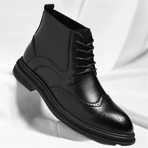 Classic men's black brogue boots with wingtip carving and lace-up design