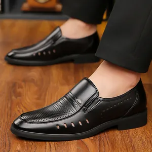 Men's classic black business leather shoes with perforated details and metal buckle