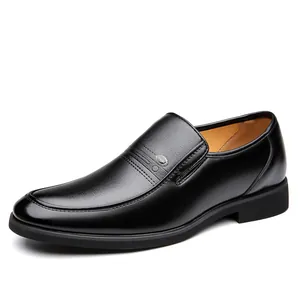 Classic black leather business dress shoes for men with elegant side logo detail