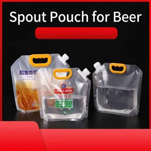 Transparent Stand-Up Spout Pouch Liquid Packaging Bag With Portable Yellow Handle For Beer Juice Beverage Storage Takeaway Pouch