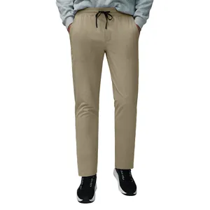 Men's quick-dry breathable fitness running pants in khaki color with drawstring