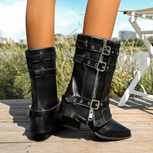 Stylish black chunky heel pointed-toe pant-leg boots with buckle straps and side zipper