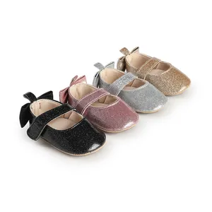 Baby Girls Glitter Mary Jane First Walker Shoes With Bow Soft Sole Sequin Princess Shoes Infant Toddler Walking Shoes