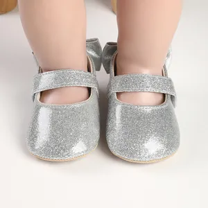 Detailed view of shiny silver glitter baby Mary Jane walking shoes for 0-1 year olds