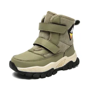Warm olive green kids snow boots with fleece lining and anti-slip rubber soles.