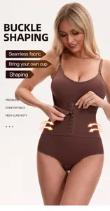 Close-up of waist buckles on a brown high-waisted shaping bodysuit with seamless material.