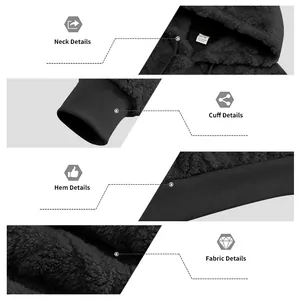 Detailed views of neck, ribbed cuff, hem, and sherpa fleece fabric of black hoodie.