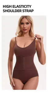 Detailed view of high elasticity shoulder strap on brown shapewear bodysuit