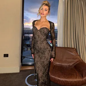 Elegant black lace bodycon long dress set with a matching long sleeve bolero shrug