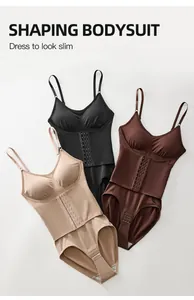 Three colors of high-waist shaping bodysuits with front hook-and-eye belly control