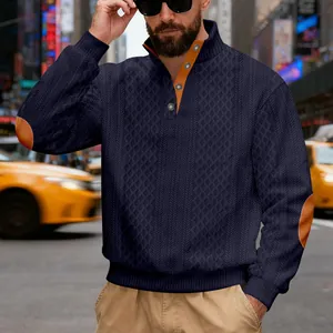 Vintage blaues Herren-Sweatshirt mit schwerer Jacquard-Textur und orangefarbenen Ellenbogen