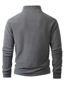 Back view of a grey solid color thick polar fleece sweatshirt featuring stand collar detail