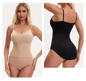 Front and back views of a high waist tummy control bodysuit with adjustable straps