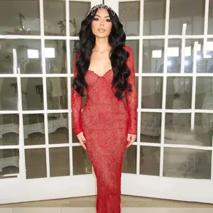 Full view of elegant red lace long sleeve bodycon maxi dress with sweetheart neckline