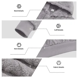 Detailed macro views of grey Sherpa fleece hoodie neck, cuffs, hem and fabric texture
