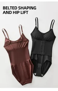 Belted shaping and hip lift bodysuit with adjustable straps in black and brown colors.