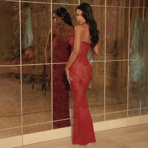 Elegant red lace strapless maxi dress with a slim silhouette and intricate floral patterns.