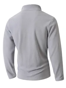 Detailed back view of a men's light grey polar fleece pullover with stand collar.