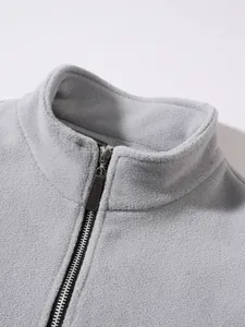 Close-up of grey fleece sweatshirt with half-zip collar detail and soft texture