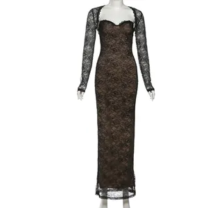 Full view of black lace maxi dress and matching long sleeve cardigan on mannequin