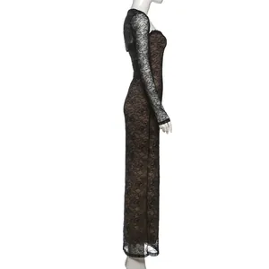 Side view of elegant black floral lace bodycon dress and long-sleeve cardigan set.