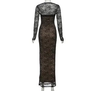 Elegant black floral lace long sleeve cardigan and slim-fit maxi dress set for women