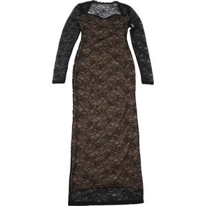 Elegant black floral lace long-sleeve maxi dress with a brown inner lining layer.