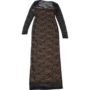 Full-length view of an elegant black lace maxi dress with nude lining and long sleeves.